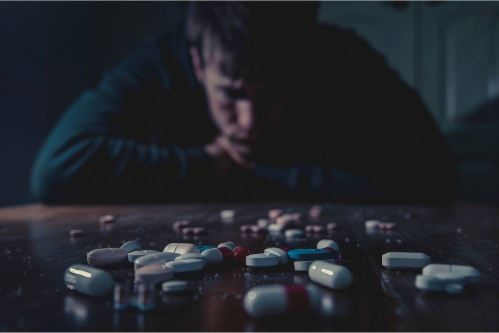 Close-up of a distressed person looking at scattered pills on a dark table, highlighting the urgency of meth addiction treatment in Huntington Beach, CA.